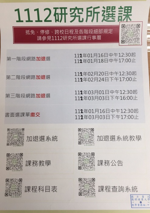 111學年度第二學期研究所選課行事曆圖片