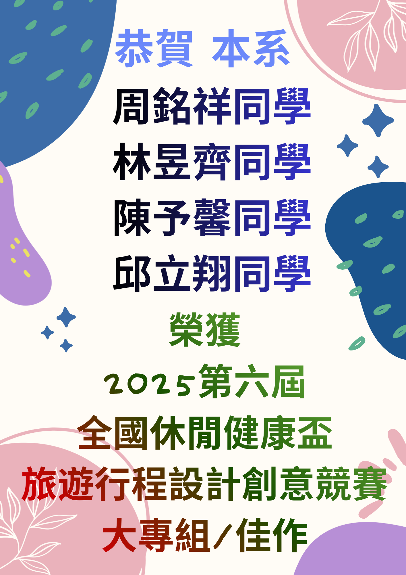 恭賀 本系周銘祥、林昱齊、陳予馨、邱立翔同學榮獲第六屆全國休閒健康盃旅遊行程設計創意競賽大專組佳作